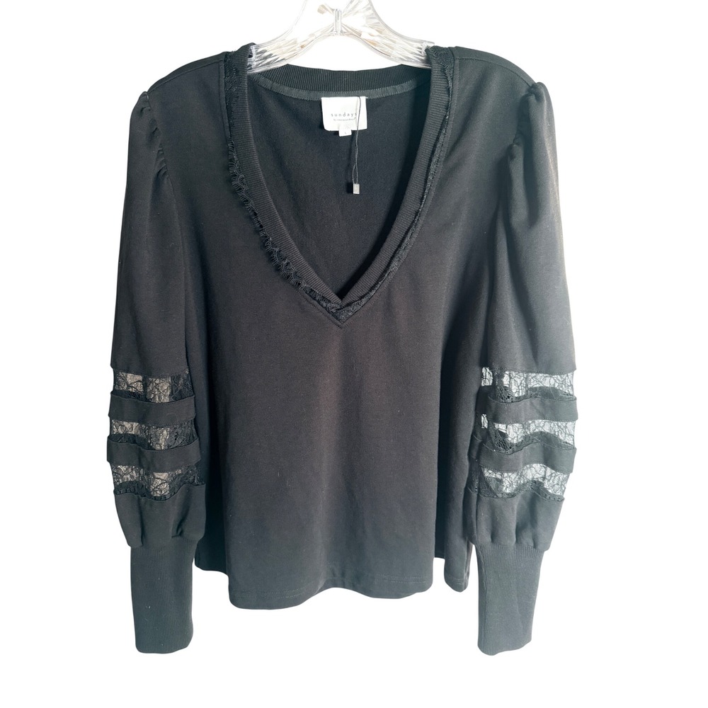 Sundays Lace Sleeve Puff Shoulder Top Women Large Black Cotton Blend Romantic